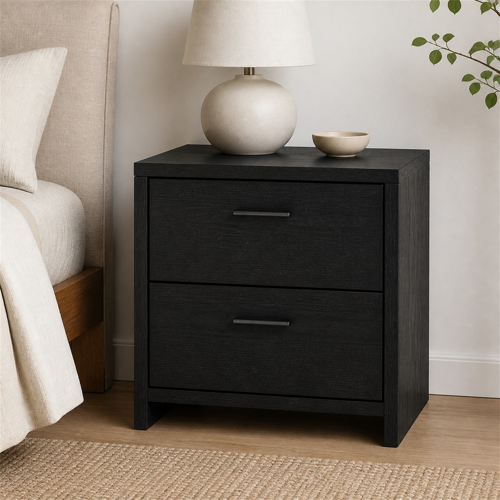 Black Oak Finish Two-Drawer Nightstand