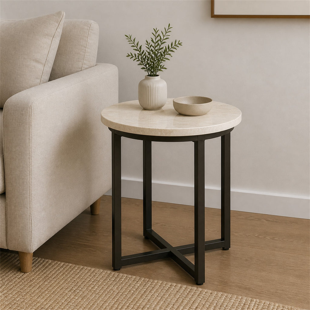 Marble-Look Round Accent Table