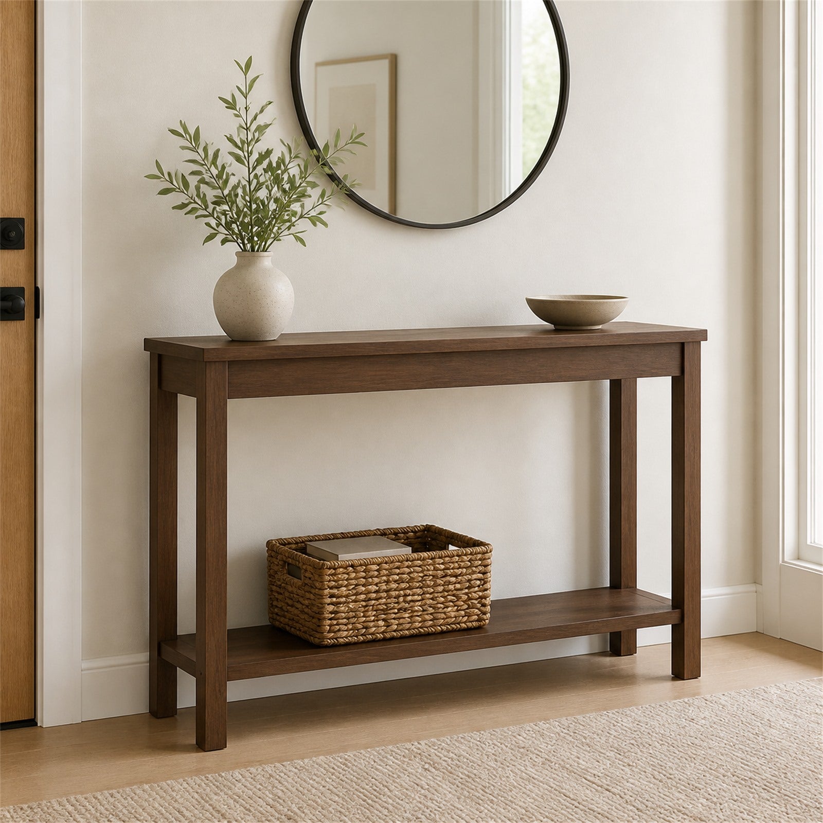 Walnut Narrow Console Table with Lower Shelf